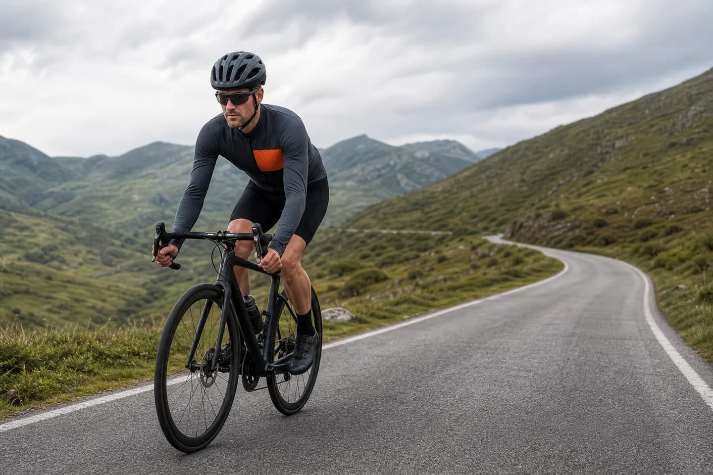 Un ciclista entrena en una carretera de montaña.