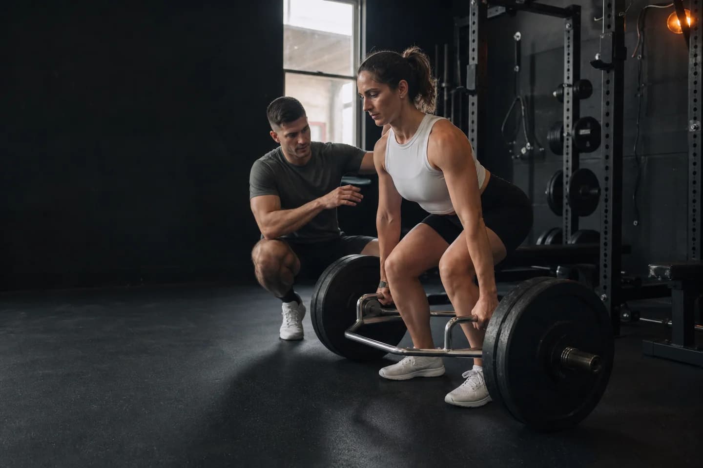 Una deportista entrena fuerza con una barra hexagonal mientras su preparador observa la técnica.